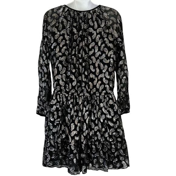 MICHAEL KORS Black Silver Paisley Long Sleeve Metallic Mini Whimsigoth Dress S - Picture 9 of 16